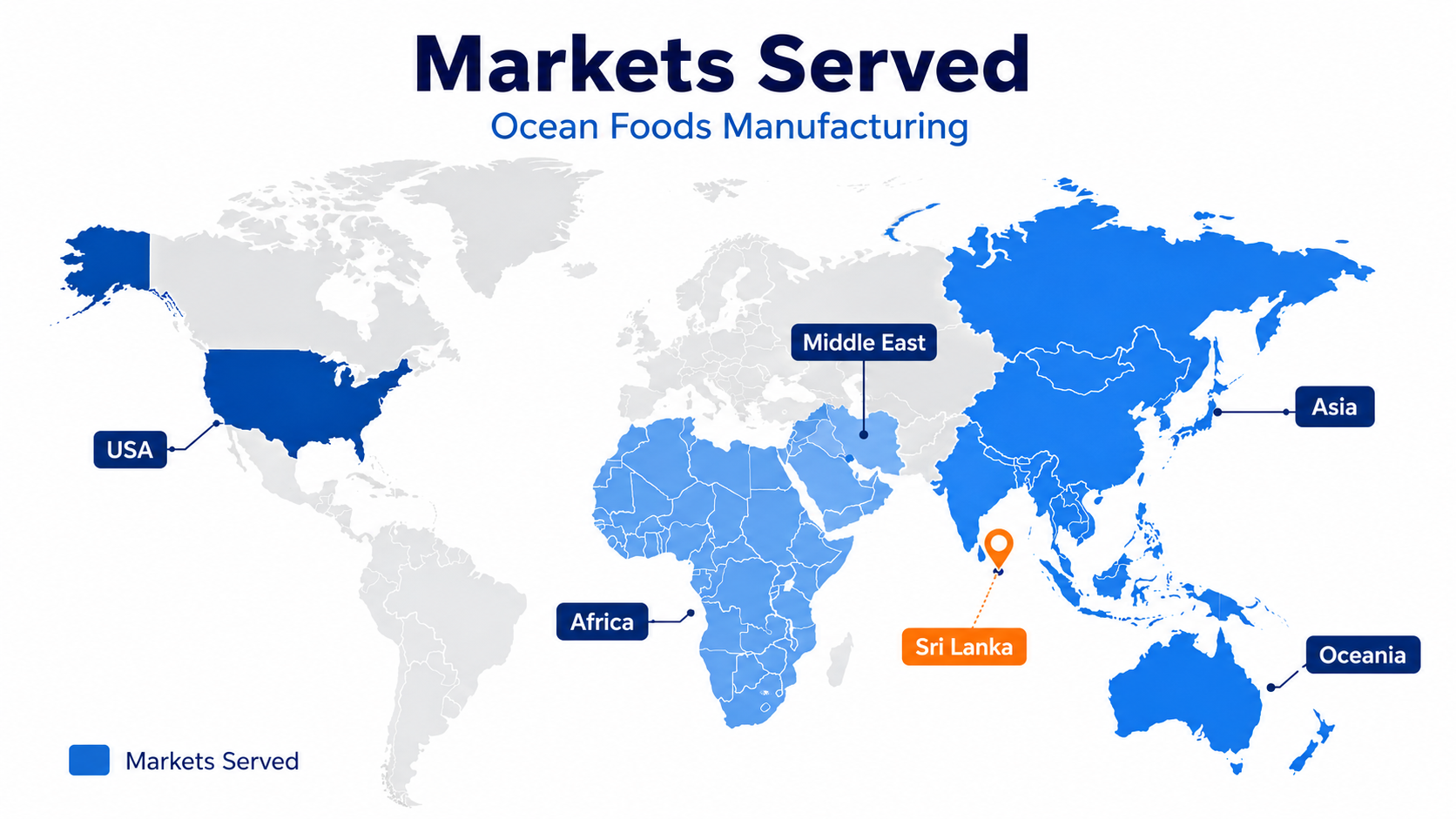 Ocean Foods Manufacturing export market map highlighting countries served