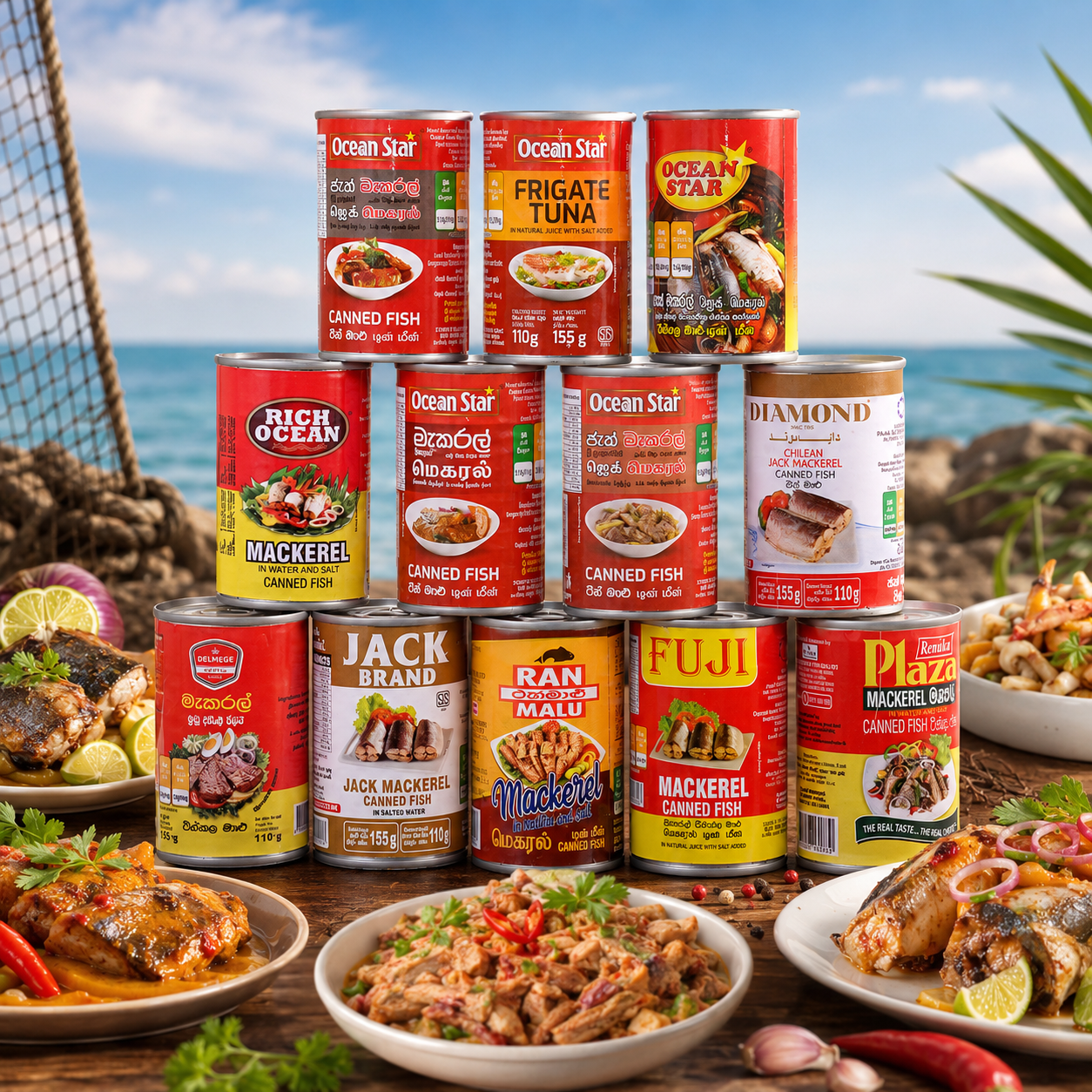 Ocean Foods canned fish product range including Jack Mackerel Mackerel Sardines Tuna and Pink Salmon